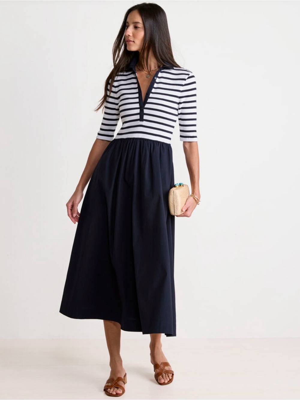NWT Vineyard Vines Navy Stripe Mixed-Media Dress. Cotton Poplin Skirt w/Knit Top